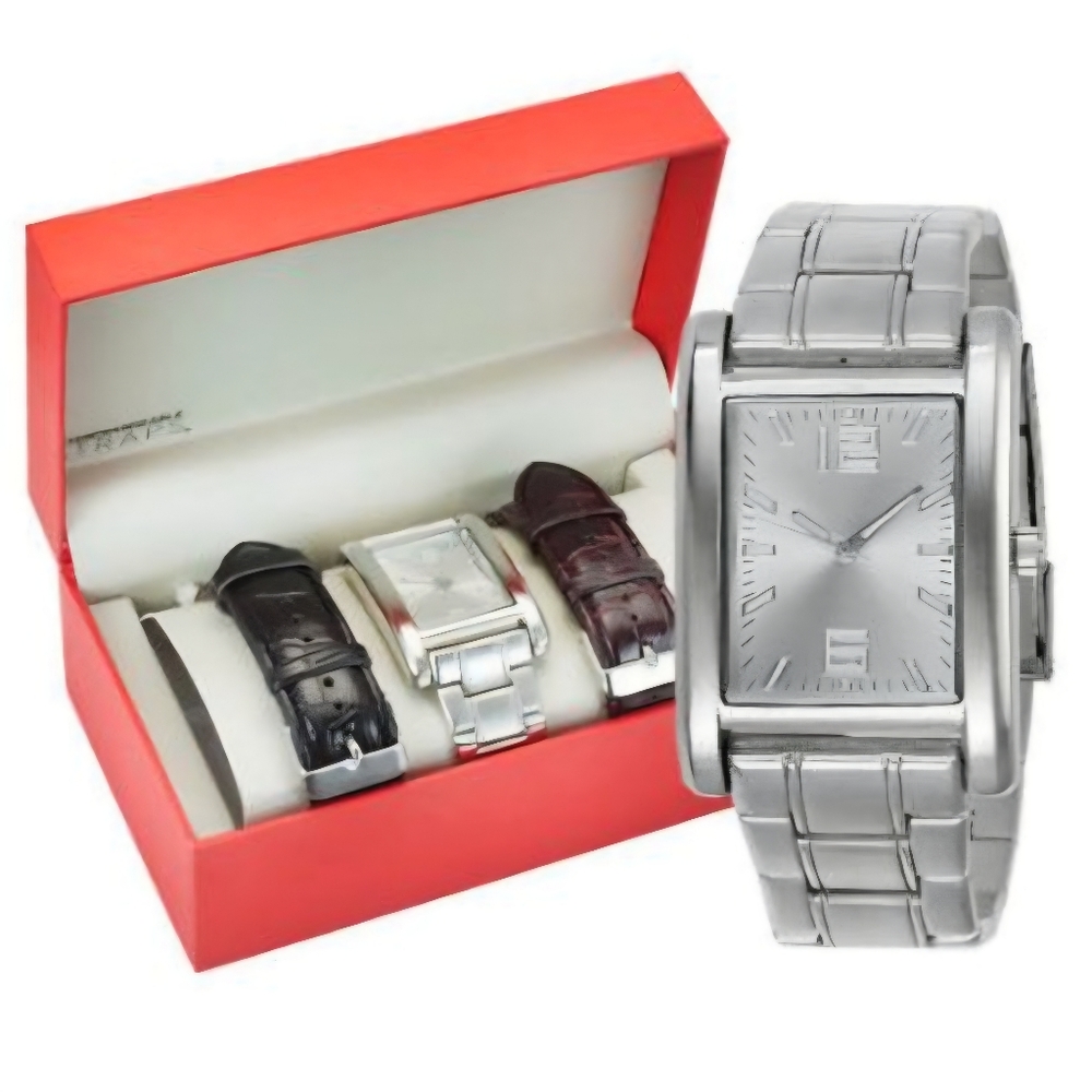 Mens Watch Gift Set Silver Face & 2 Interchangeable Leather Bands Brown & Black